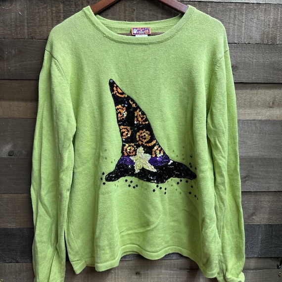 Peek A Boo Halloween Sequin Witches Hat Lime Green Pullover Sweater Women’s XL