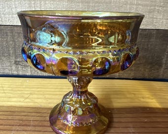 VTG Indiana Carnival Glass Iridescent Amber Kings Crown Thumbprint Compote