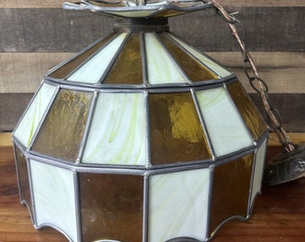 Vintage glas-in-loodramen in Tiffany-stijl amber witgroen plafondhanglamp