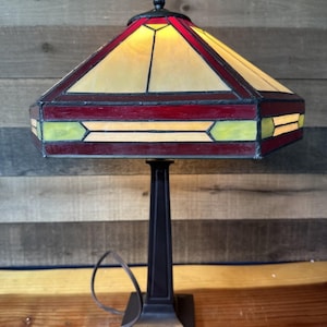 Stained Glass Arts And Crafts Table Lamp Red And Greens -flaws