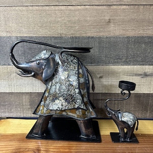 Metal Bronze Elephant Art Candle Holder With Cut Glass Mosaic Covering Set Of 2
