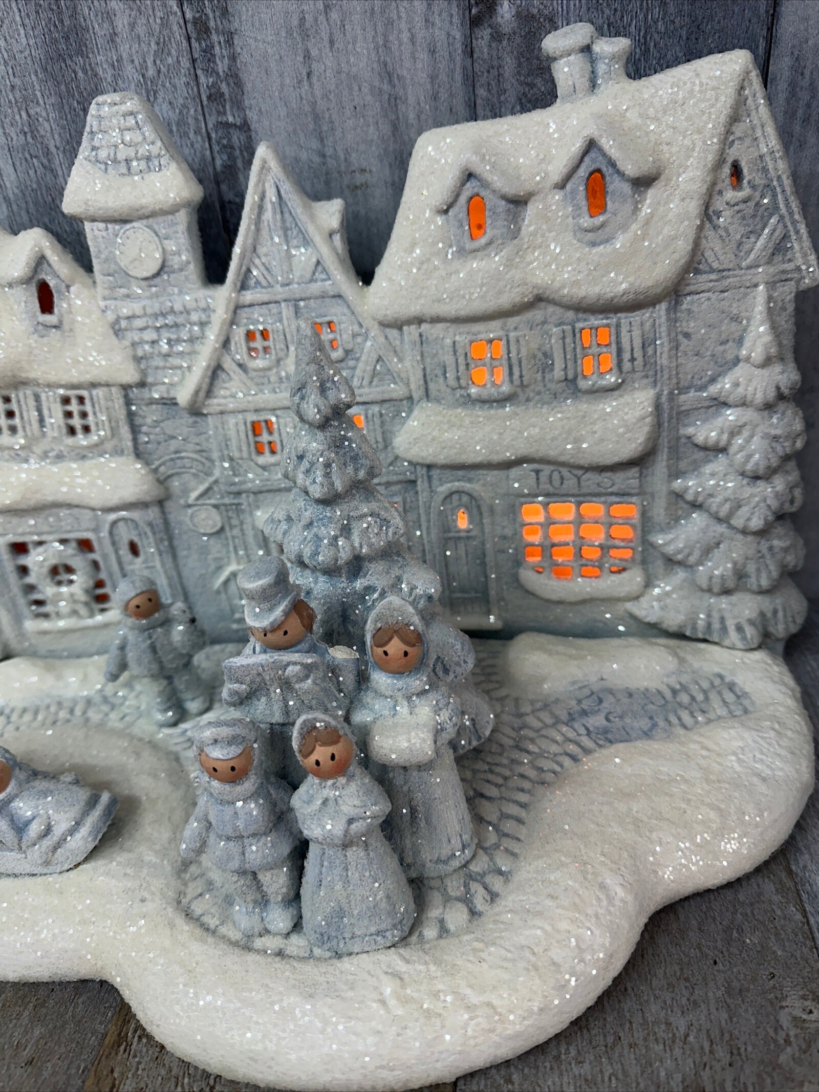 Vintage Blue Ceramic Bisque Village with Snow and Glitter Roofs and Trees