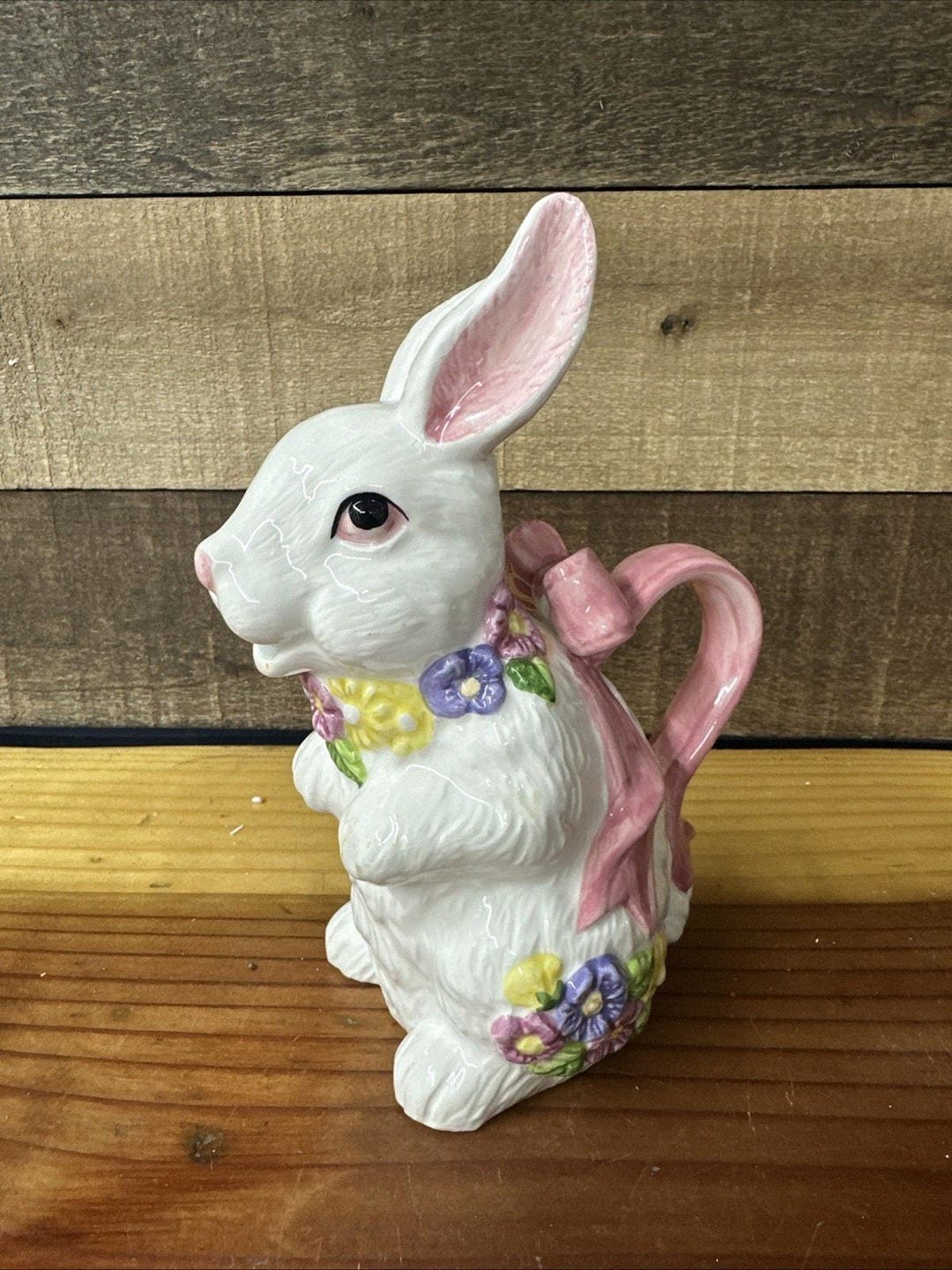 White Bunny Rabbit Pottery Spring Floral Pitcher Easter - Etsy