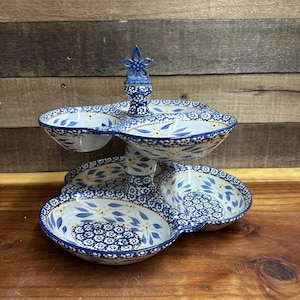 Temptations Old World Blue Two Tier Tower Snack Serving Divided Tray 11” Tall