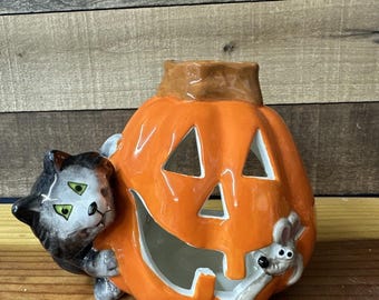 Vintage Halloween Sweet Black Cats With Pumpkins Jack O Lantern Ceramic ...