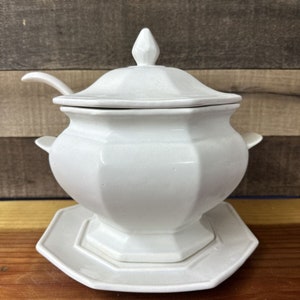 Vintage White Ironstone Soup Tureen, Lid, Ladle And Plate