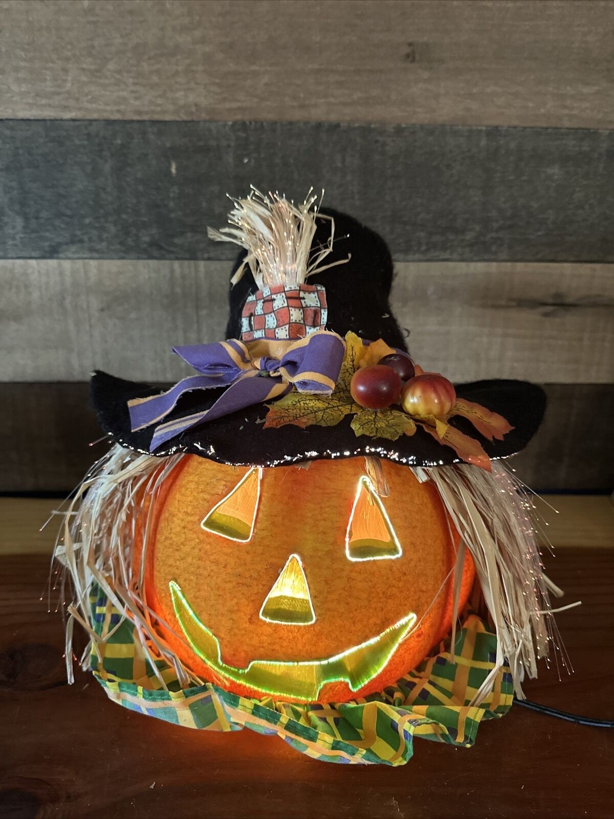 Fiber Optic Light Color Changing Pumpkin Scarecrow Head Jack-o