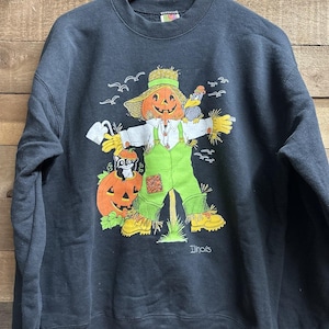 May include: A black crewneck sweatshirt featuring a graphic print of a scarecrow with a pumpkin head wearing a straw hat and green overalls. A raccoon sits in a pumpkin, a crow rests on the scarecrow's shoulder, and the word Illinois is printed below.