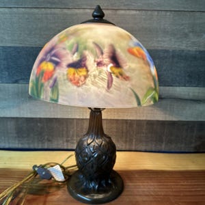 Vintage Irises Reverse Painted Glass Boudoir Lamp 15” Tall