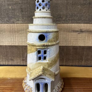 Ceramic Lighthouse Candle Holder 12” Coastal Nautical