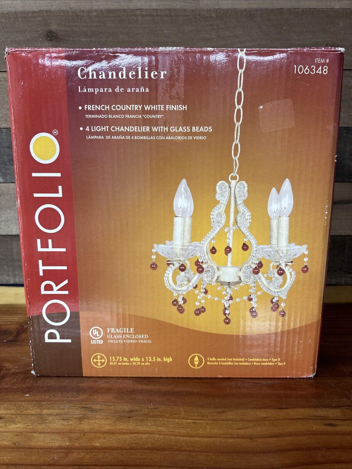 Vtg French Country White 4 Light Chandelier with Glass Beads New In Box
