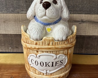 Vintage Treasure Craft Cookie Jar Puppy Dog In A Barrel 11” Cute