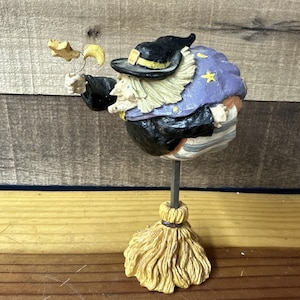 Halloween Witch Figure Figurine Flying on Broom Moon Stars Sun Kitsch 6.75&quot;