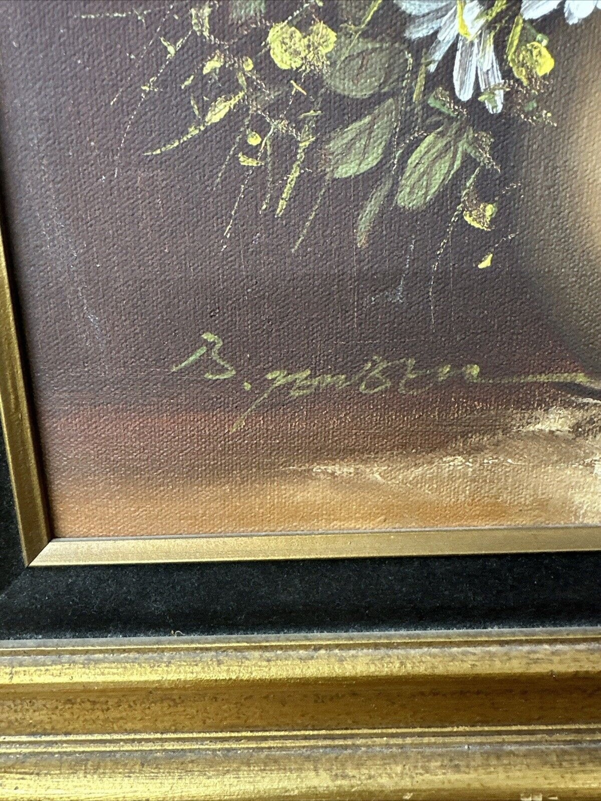 ヴィンテージ額入り油絵、花瓶の中の花の静物画、アーティストのサイン