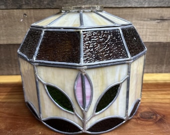 Vintage Slag Glass Shade Pink Red Flowers Tiffany Style Stained Glass -flaw