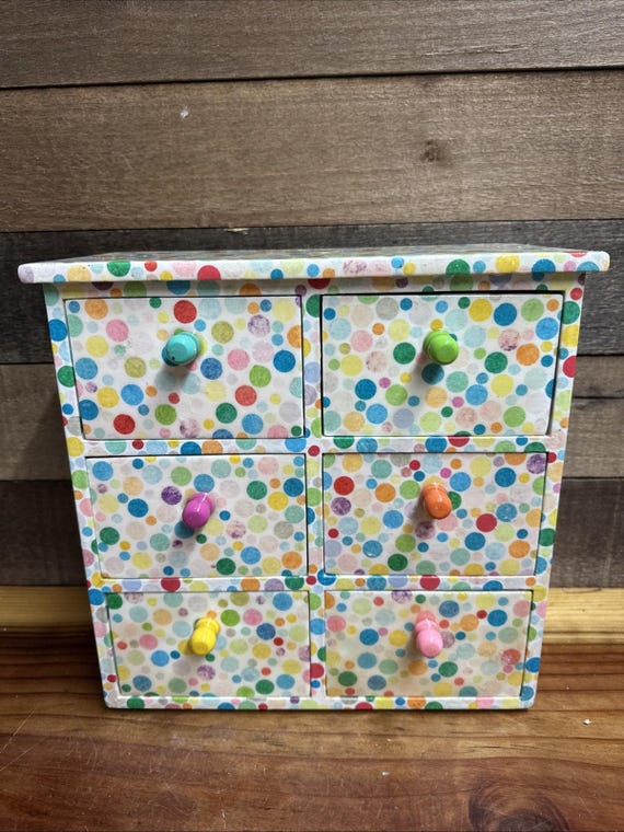 Vintage Wooden Mini Dresser Colorful Polka Dot Jewelry Trinket 6 Drawer Storage