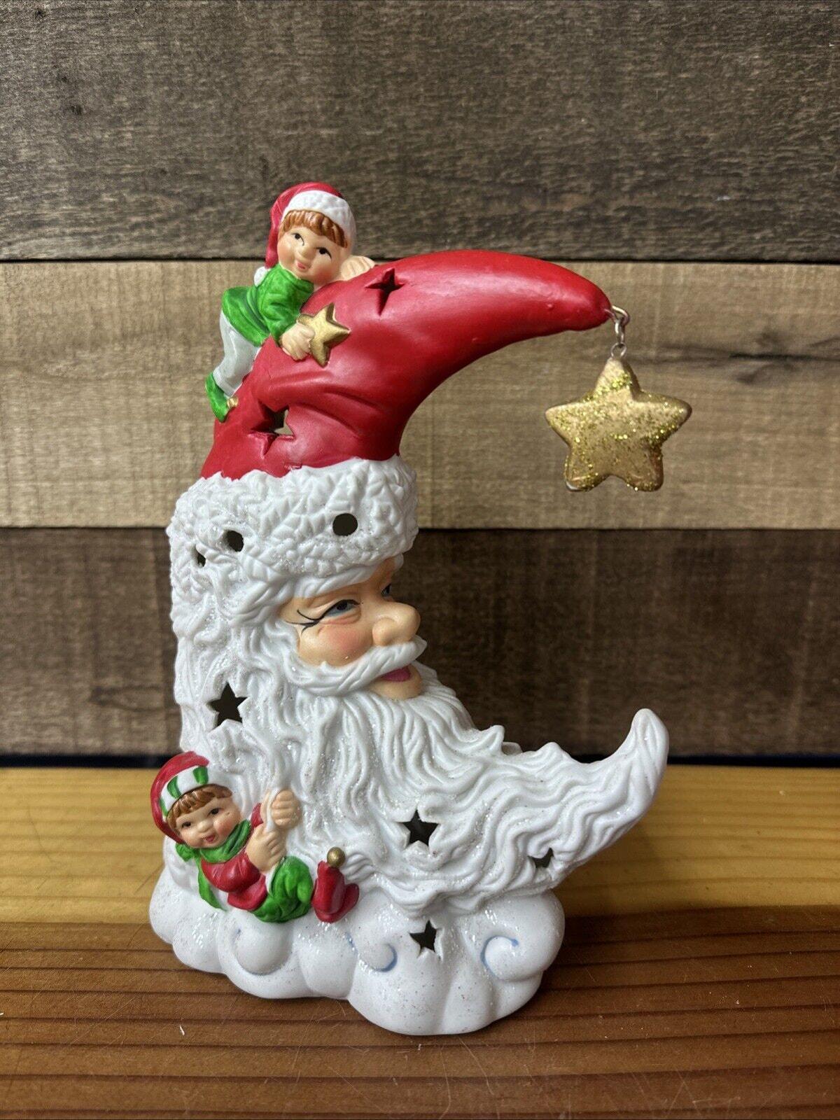 Ceramic Crescent Santa Claus Moon Elves Christmas Figurine Tea