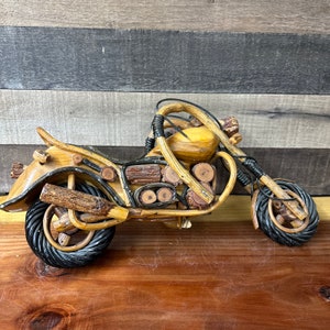 Vintage wooden motorcycle made of different woods 17” long