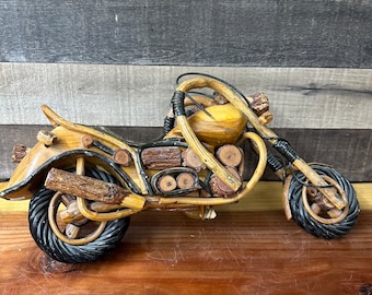 Vintage wooden motorcycle made of different woods 17” long