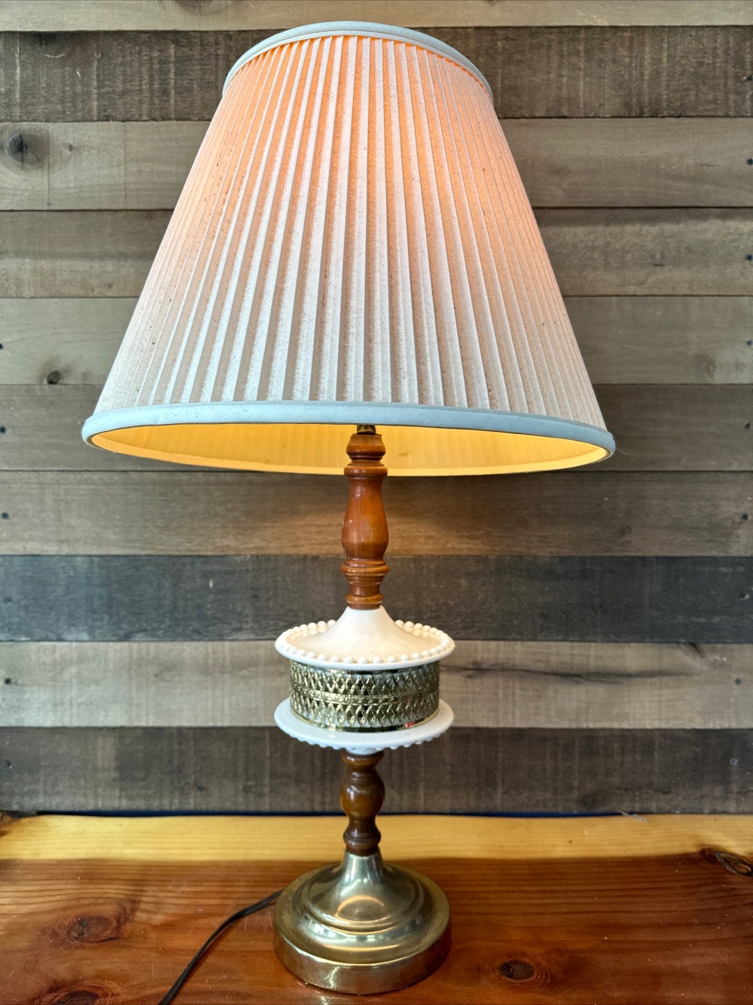 Vintage Milk Glass Wood and Brass Table Lamp - Etsy