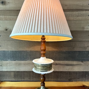 Vintage milk glass wood and brass table lamp
