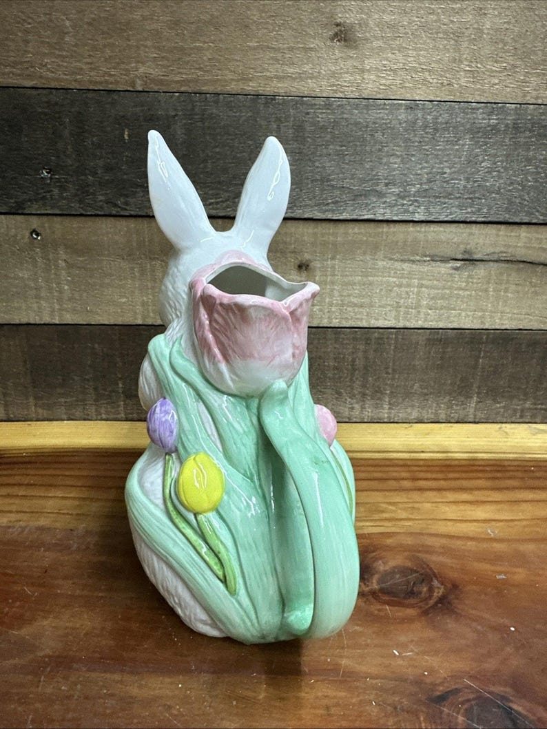 Easter Bunny Rabbit Spring Floral Ceramic Pitcher Pours Through Mouth ...
