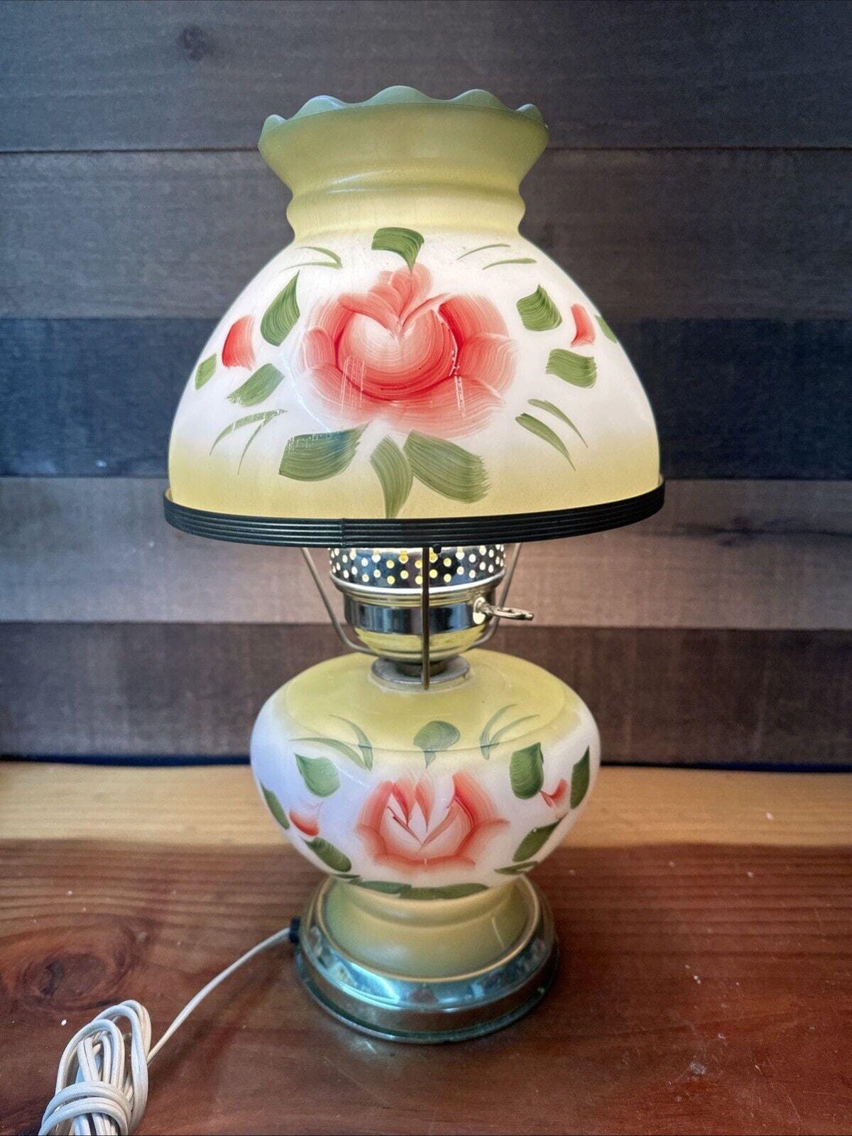 MCM Milk Glass Green Floral Parlor Bedside Lamp Dual Lighted 15