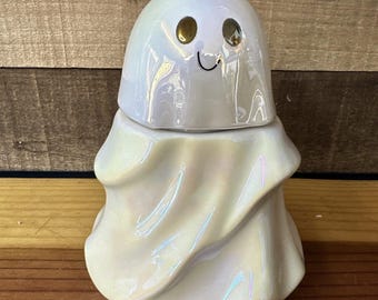 Halloween Iridescent Ceramic Ghost Candy Jar 7” Tall