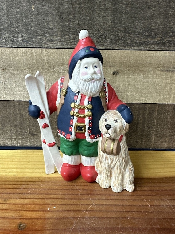 Santa Skis Rescue Dog Statue Figure Christmas Holiday Winter 8.5