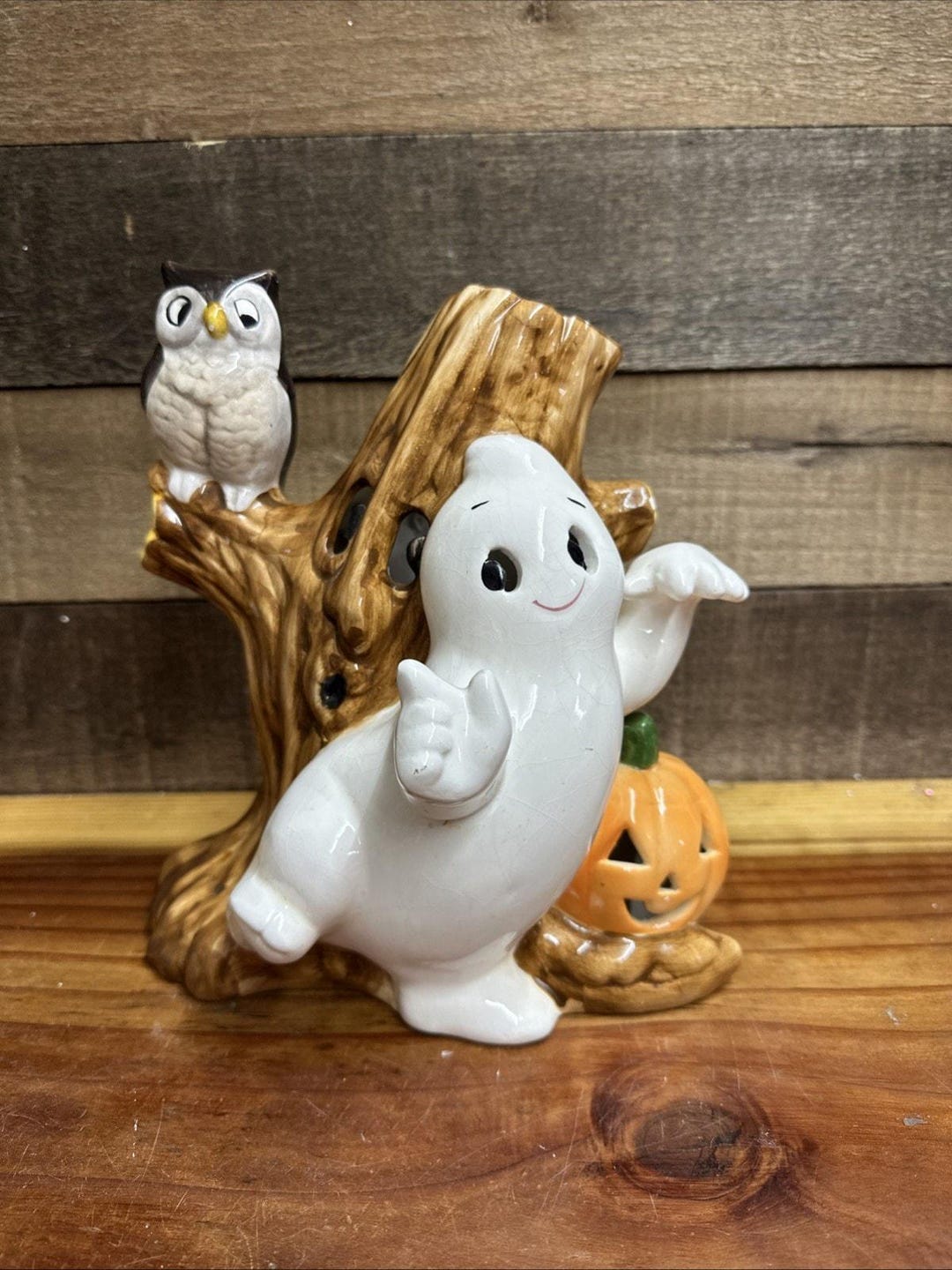 Vintage Ghost Spooky Tree Pumpkin Owl Ceramic Decoration Light or