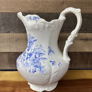 Antique 1893 Wheeling Pottery La Belle 12" Pitcher Blue Flowers -flaws