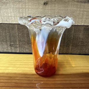 Vintage Hand Blown White Orange Art Glass 5”