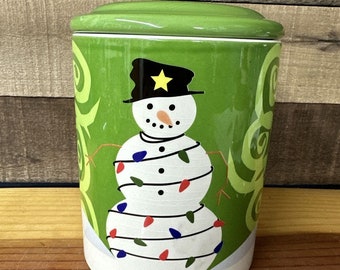 Cookie Jar Keepers Green White Snow Man Cookie Jar With Lights Winter Christmas