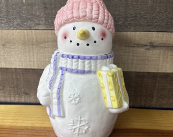 Ceramic Snowman With a Pink Hat And Purple Scarf Cookie Jar