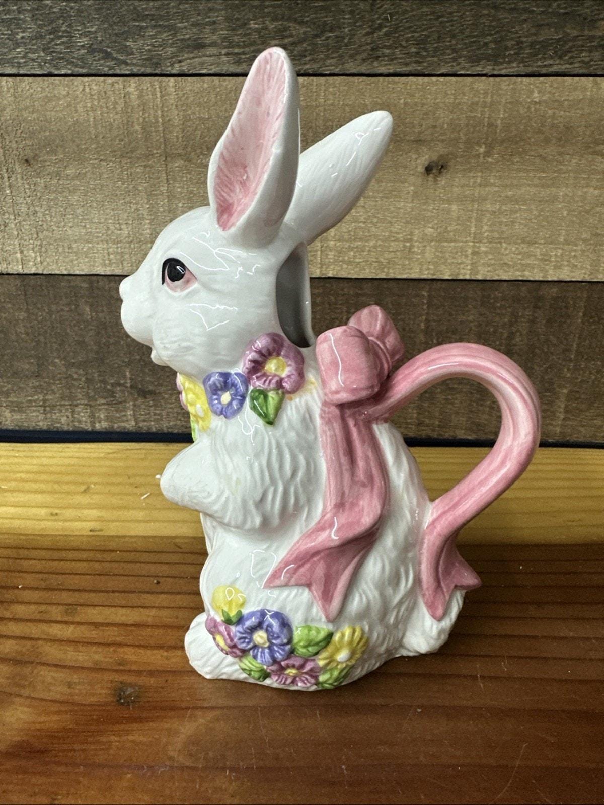 White Bunny Rabbit Pottery Spring Floral Pitcher Easter - Etsy