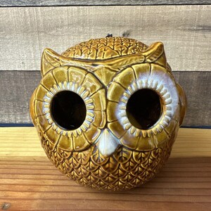 Ceramic Brown Owl Hanging Birdhouse MCM Retro 8” Tall.