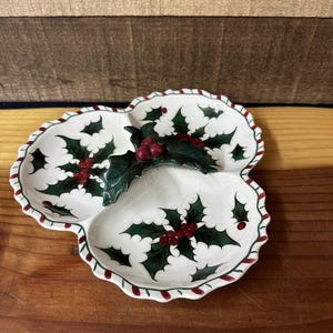 Vintage 1950s Lefton Christmas Holly & Berry Candy Cane Tidbit Nut Candy Dish