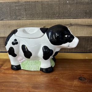Ceramic Cookie Jar Cow Black White -flaw