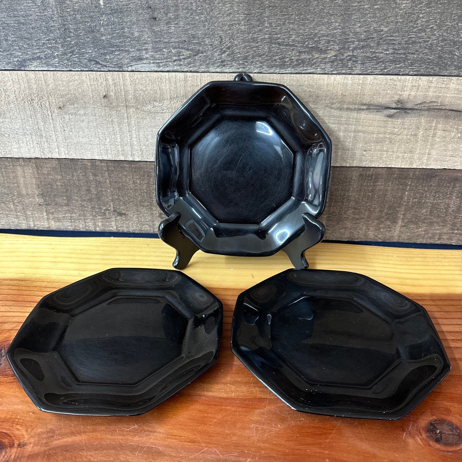 Lot De 6 Assiettes Plates Noires Arcoroc Octime – Design Octogonal Vintage Années 80 (État Correct)