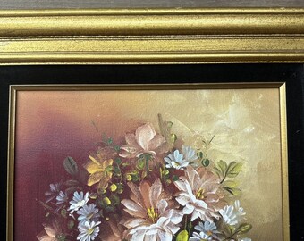 ヴィンテージ額入り油絵、花瓶の中の花の静物画、アーティストのサイン