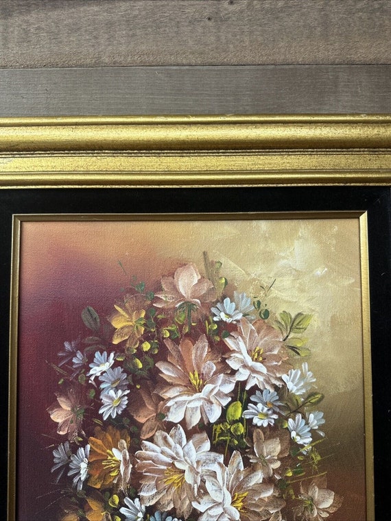 ヴィンテージ額入り油絵、花瓶の中の花の静物画、アーティストのサイン