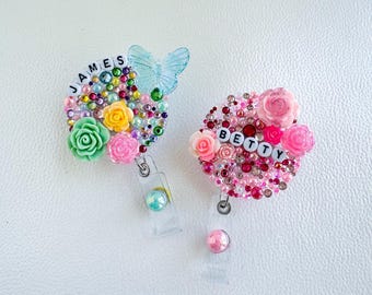 Personalized Handmade Badge Reel Bedazzled by Hand with Rhinestones and Embellishments