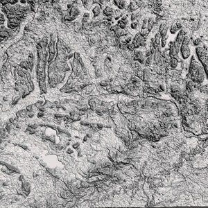 May include: A black and white aerial photograph of a mountainous region with a network of rivers and streams.