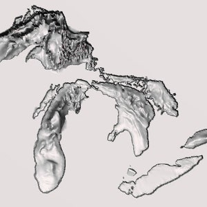 May include: A black and white topographic map of the Great Lakes region of North America. The map shows the five Great Lakes: Superior, Michigan, Huron, Erie, and Ontario.