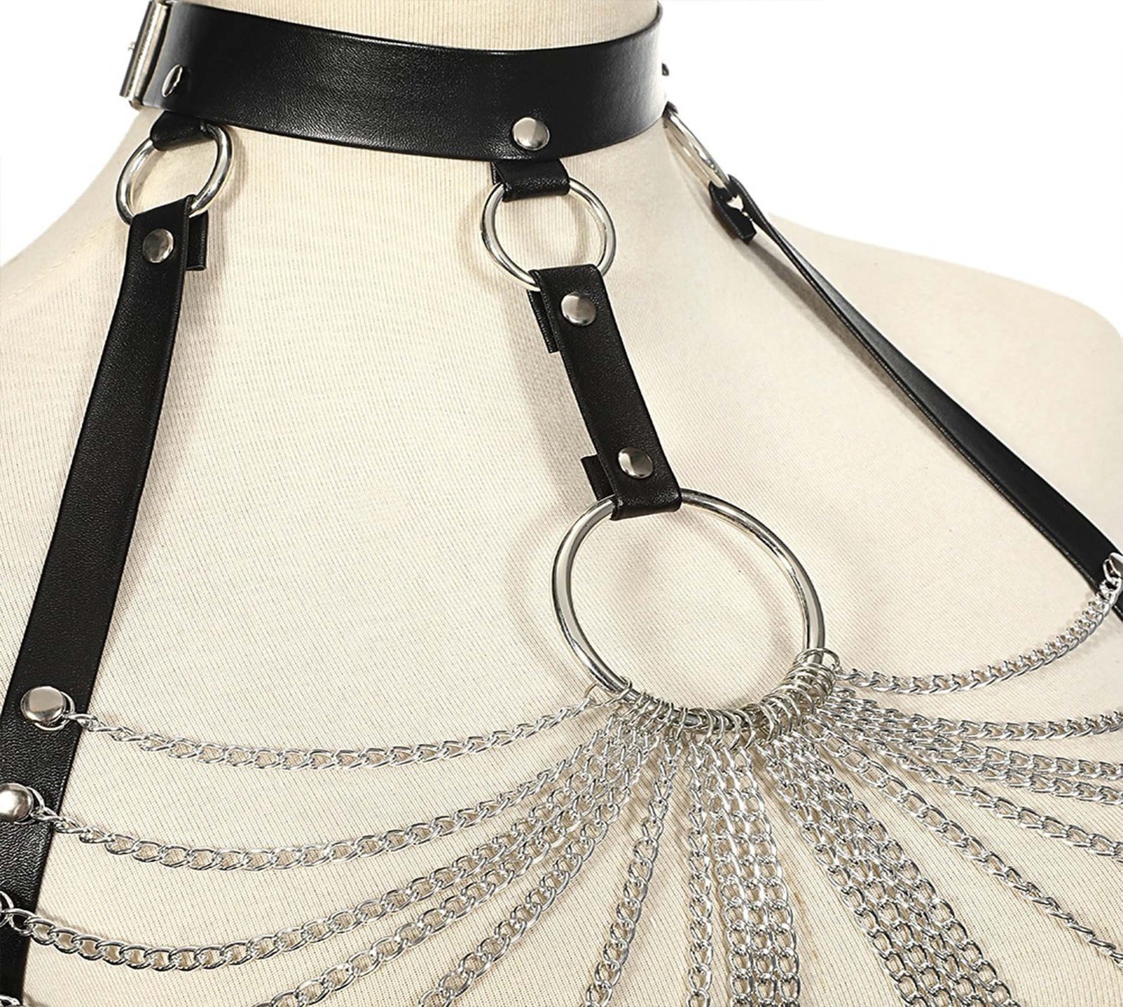 Silver Goth Leather Body Harness Bdsm Leather Rave Harness Etsy