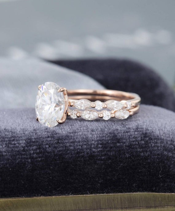 2PCS Oval Moissanite engagement ring set rose gold Vintage | Etsy