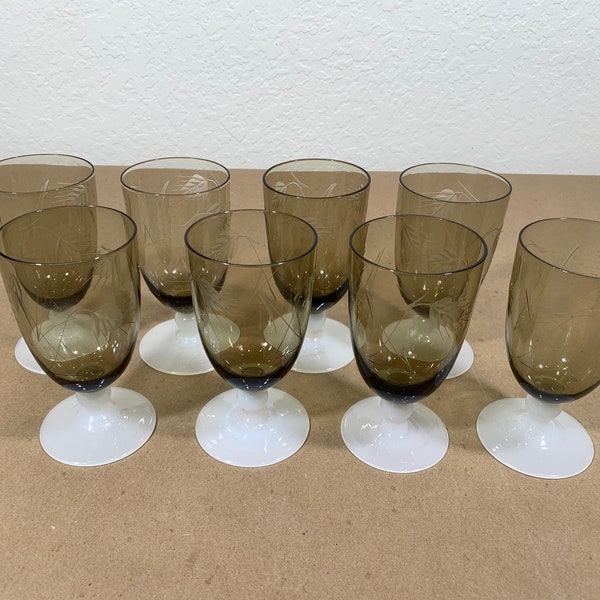 Vintage Set of 8 Etched Smoky Wheat Cordial Glasses