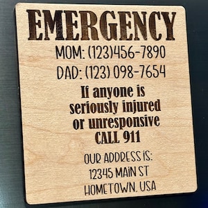 Emergency Contact Magnet -Wooden Magnet, Emergency Contact Phone Numbers, Emergency Address, Home Decor, Child Safety, Safety Magnet