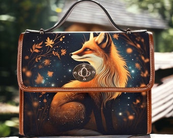 Magical Fox Celestial Satchel bag, Cottagecore autumn leaves forestcore crossbody purse, cute vegan leather strap goth bag hippies boho gift