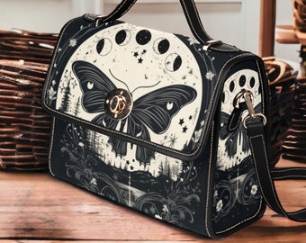 Cottagecore Moth and Moon Phases Canvas Satchel Bag, Witch Moon Phases Crossed body vegan leather strap hand bag, goth bag hippies boho gift